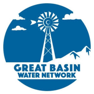 Logo for Great Basin Water Network showing a windmill with mountains and clouds inside a blue circle, with the organization name.