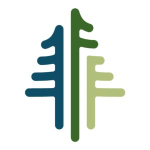 Abstract three-toned trees logo representing growth and nature.