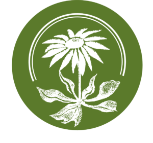 White floral emblem: a daisy with leaves on a green circular badge with white curved rings, suggesting an eco-friendly logo
